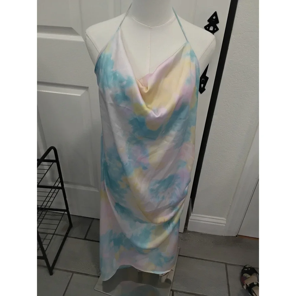 Zara Pastel Tie Dye Satin Halter Cowl Neck Ruched Midi Dress XL Blue Pink Yellow - Picture 2 of 7